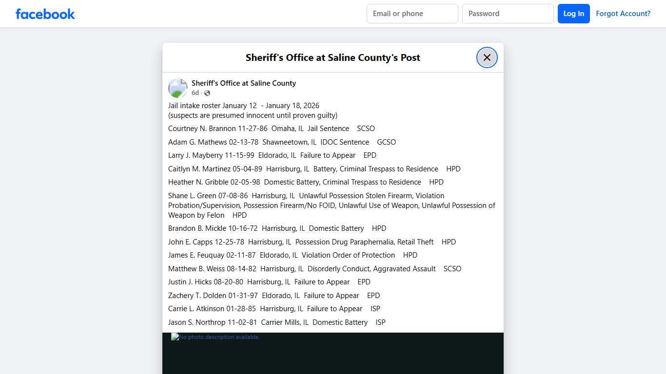 Jail intake roster... - Sheriff's Office at Saline County Facebook