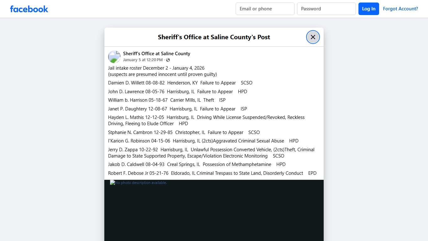 Jail intake roster... - Sheriff's Office at Saline County Facebook